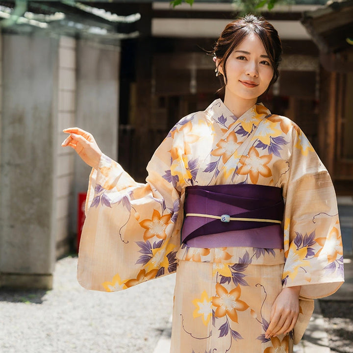 Women's Cotton Yukata, Casual Summer Kimono -Light beige Base,  “yagasuri” (arrow feather) patterns with clematis flowers