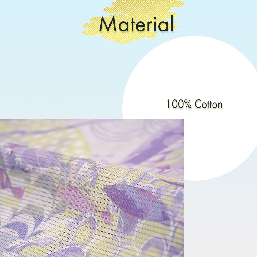 Lightweight Cotton Yukata for Women, Lavender and Light yellow tones base, Waves, shells and fish pattern – Inspired by Kaneko Misuzu’s Poetry, Summer Japanese Kimono Robe