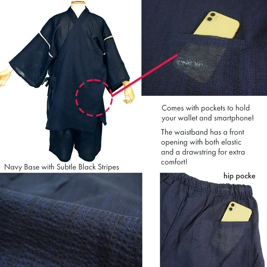 Men’s Cool & Comfortable Jinbei, Navy Base with Subtle Black Stripes – Lightweight Cotton ＆Linen Summer Loungewear, Sleepwear