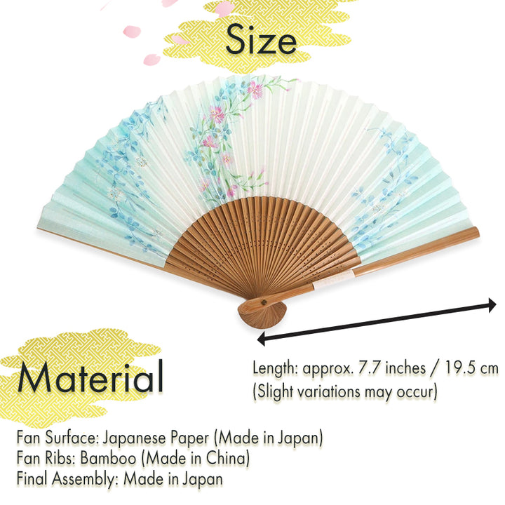 Folding Hand Fan for Lady's ,Surface Paper, Bamboo Frame, White/Light Blue Gradation base with Flower White & Pink Dianthus