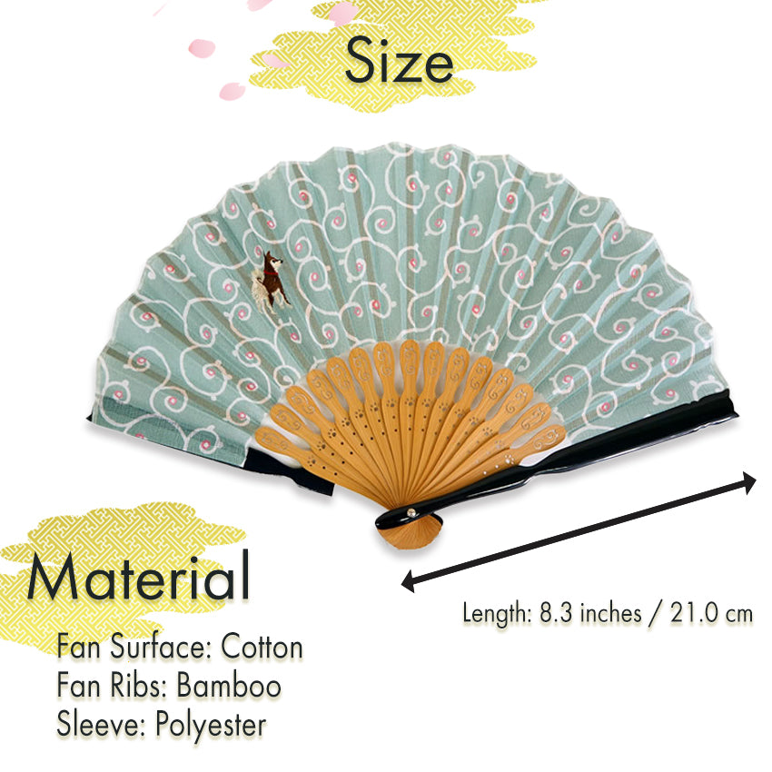Folding Hand Fan for Lady's ,Surface Cotton, Bamboo Frame, Green base with Circles, Classic Arabesque Patterns and a Cute Dog Motif