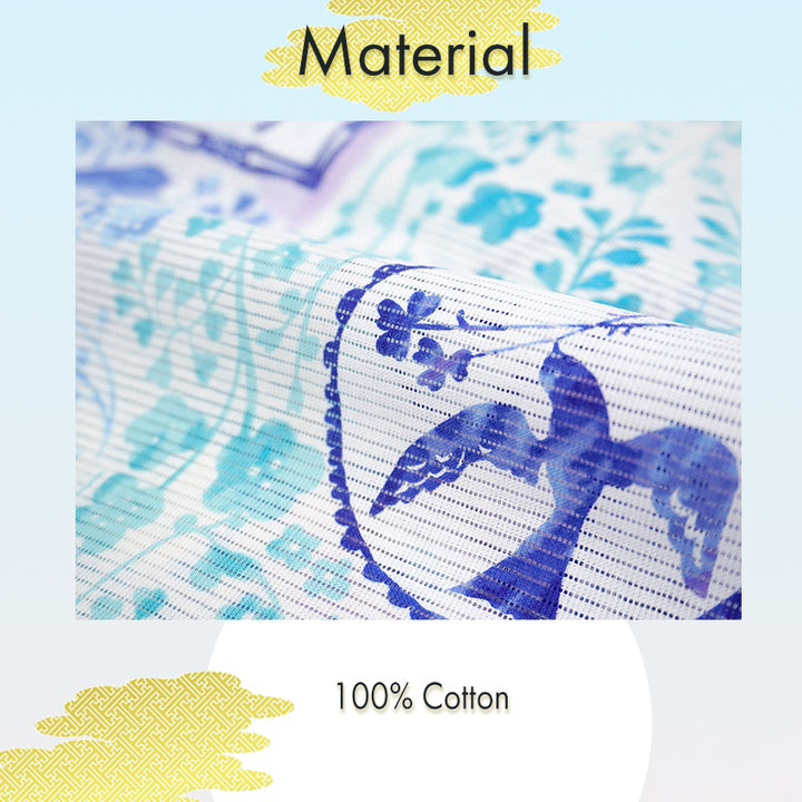 Lightweight Cotton Yukata for Women, Blue base, Bird, Bell pattern – Inspired by Kaneko Misuzu’s Poetry, Summer Japanese Kimono Robe