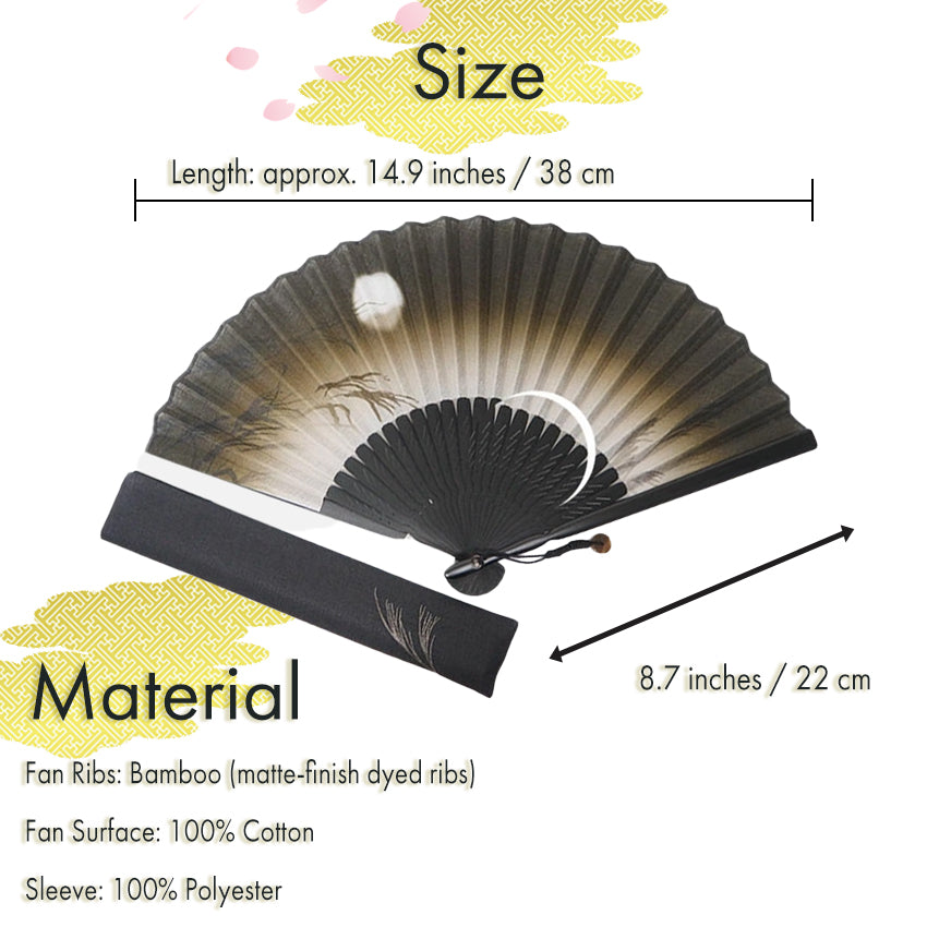 Folding Hand Fan for Men,Surface Cotton ,Bamboo Frame,  Dark brown , pale gray beige gradation  base, pampas grass and hazy moon design