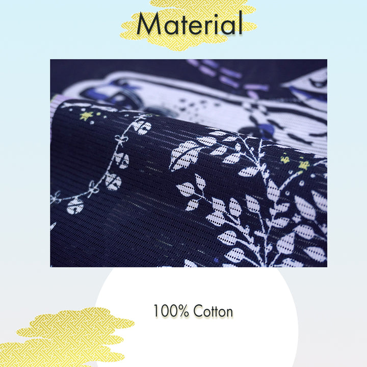 Lightweight Cotton Yukata for Women, Deep Indigo base, Whales, waves, stars, fish and birds pattern – Inspired by Kaneko Misuzu’s Poetry, Summer Japanese Kimono Robe