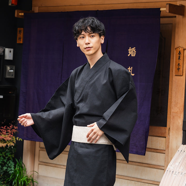 Men's Yukata Cotton & Linen Coordinate Set For Beginners : Solid Black Yukata