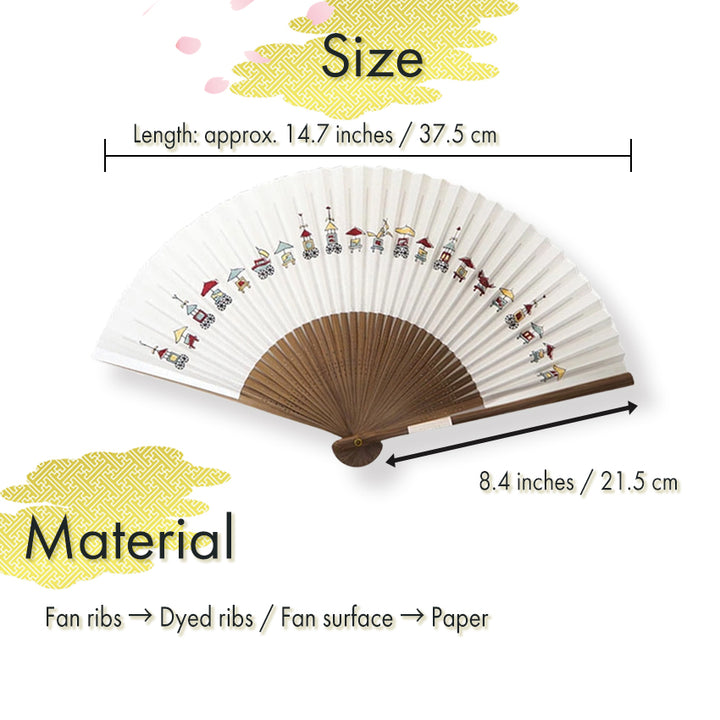 Folding Hand Fan for Men ,Surface Paper, Bamboo Frame, White base,This fan captures the iconic Kyoto festivals pattern