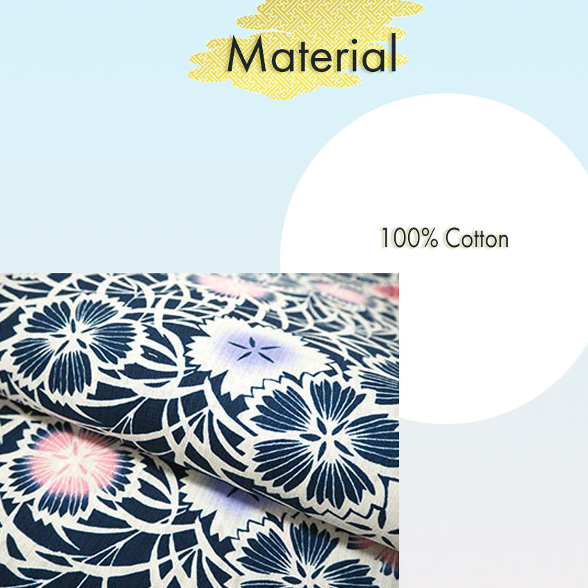 Women's Cotton Yukata, Casual Summer Kimono -Navy Base with Nadeshiko Flowers