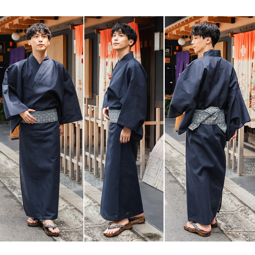 Men's Yukata Cotton & Linen Coordinate Set For Beginners : Solid Navy Yukata