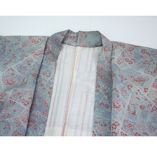 Vintage Haori Kimono Jacket Silk, Greyish Blue base, Floral Motifs