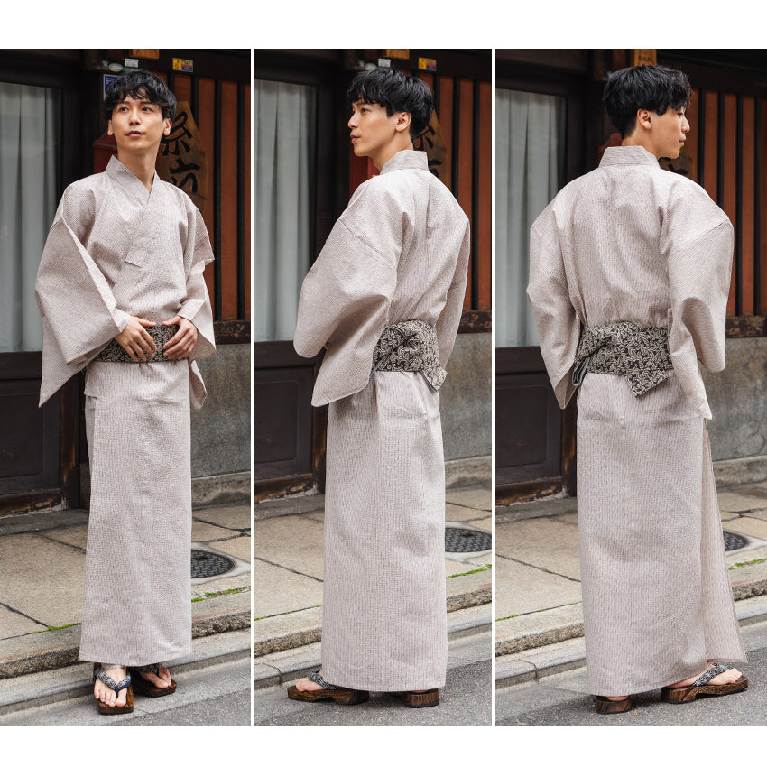 Men's Yukata Cotton & Linen Coordinate Set For Beginners : Beige with Broken Stripe Pattern Yukata