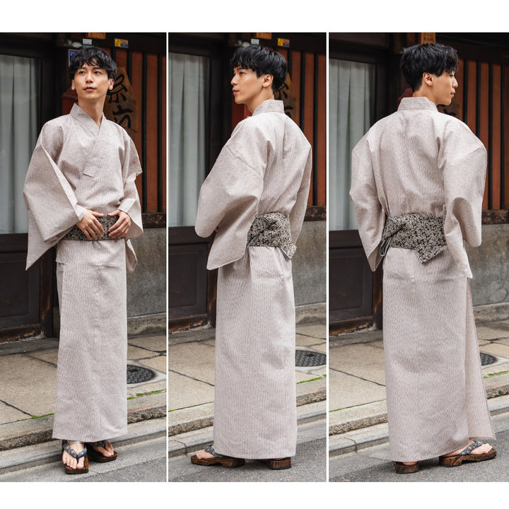 Men's Yukata Cotton & Linen Coordinate Set For Beginners : Beige with Broken Stripe Pattern Yukata