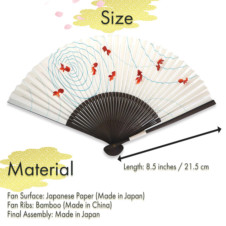 Folding Hand Fan for Lady's ,Surface Paper, Bamboo Frame, White base with Goldfish, wave pattern