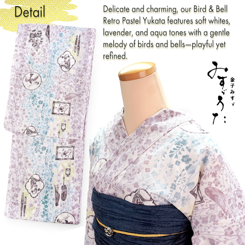 Lightweight Cotton Yukata for Women, soft Whites, Lavender base, Bird, Bell pattern – Inspired by Kaneko Misuzu’s Poetry, Summer Japanese Kimono Robe