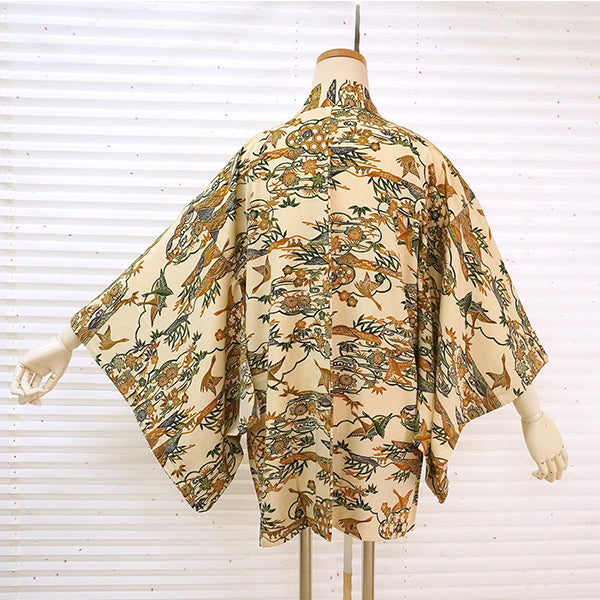 Vintage Haori Kimono Jacket Silk, Beige base, Plum Blossoms and Scenic Landscape