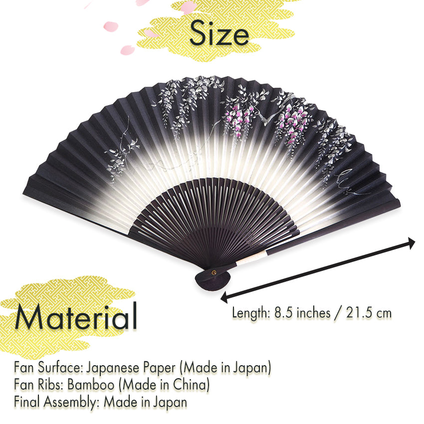 Folding Hand Fan for Lady's ,Surface Paper, Bamboo Frame, Nearly Black Navy base with Flower, Wisteria
