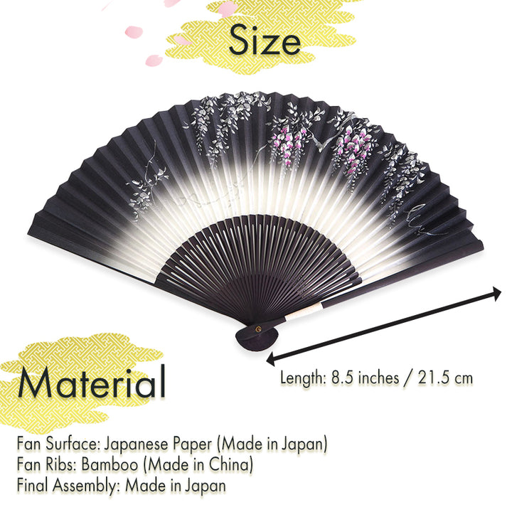 Folding Hand Fan for Lady's ,Surface Paper, Bamboo Frame, Nearly Black Navy base with Flower, Wisteria