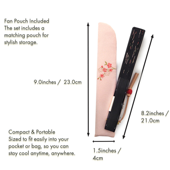 Folding Hand Fan for Lady's ,Surface Cotton, Bamboo Frame, Black (black background with pink-blushed cherry blossoms, slightly sheer)