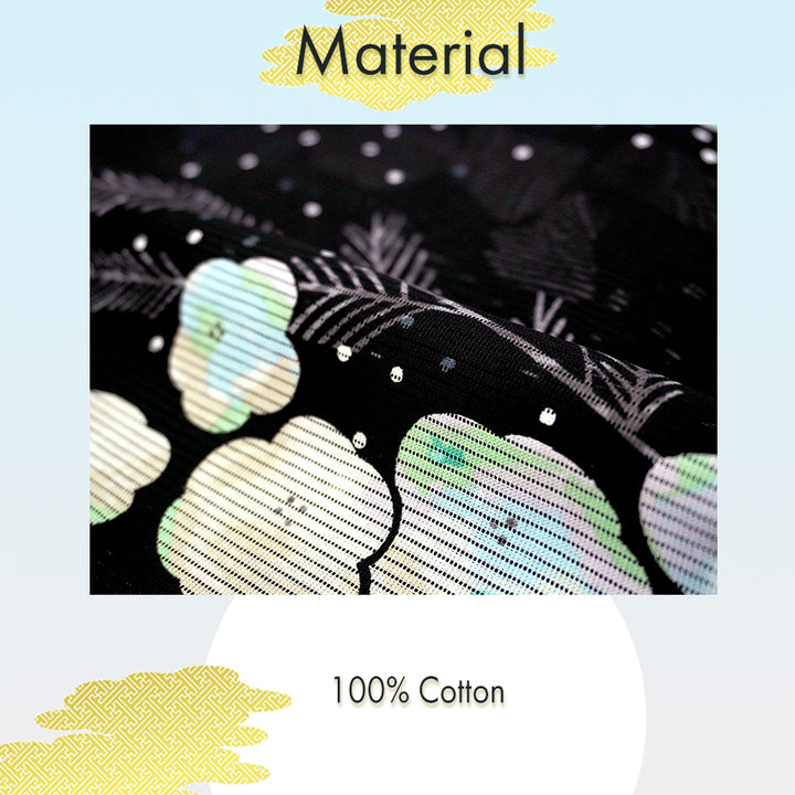 Lightweight Cotton Yukata for Women, Black base, Crisp geometric snowflakes, Flower pattern – Inspired by Kaneko Misuzu’s Poetry, Summer Japanese Kimono Robe