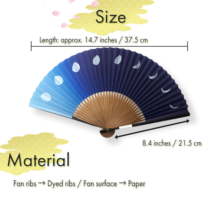Folding Hand Fan for Men ,Surface Paper, Bamboo Frame, Blue base, shimmering silver moons pattern