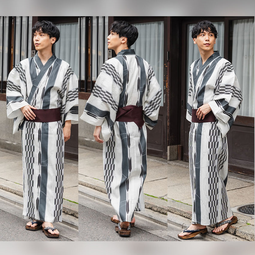 Men's Yukata Cotton Coordinate Set For Beginners : Off-White Yagasuri Yukata