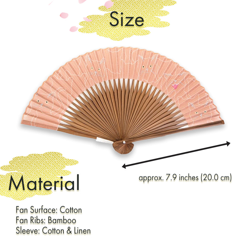 Folding Hand Fan for Lady's ,Surface Cotton, Bamboo Frame, Pink Beige base Singing Cat Pattern