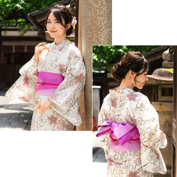 Women's Cotton Yukata, Casual Summer Kimono -Grayish white base with A graceful sakura (cherry blossom) motif featuring soft pink blooms