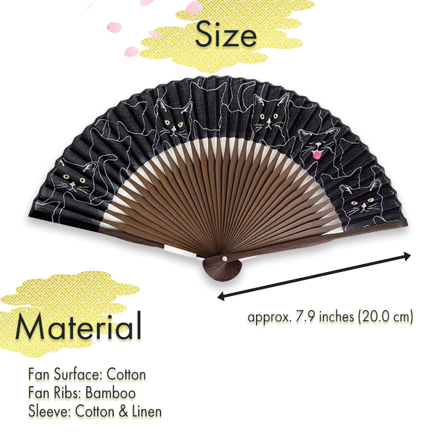Folding Hand Fan for Lady's ,Surface Cotton, Bamboo Frame, Black base Singing Cat Pattern