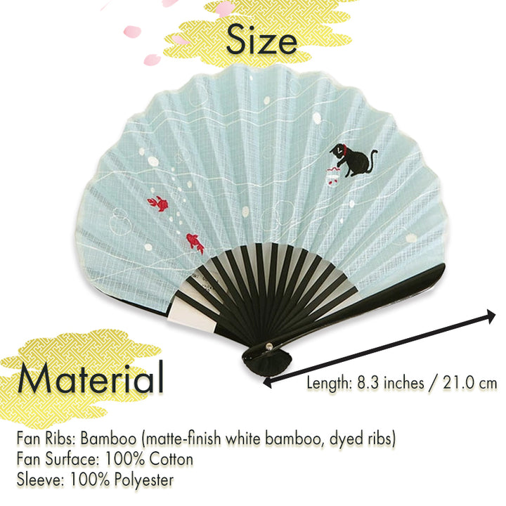 Folding Hand Fan for Lady's ,Surface Cotton, Bamboo Frame, Light Blue base with Cat peeking into a goldfish bowl