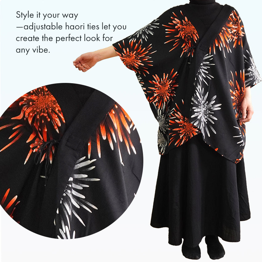 Lady's Haori , Kimono Cardigan , Black base – Evening Fireworks