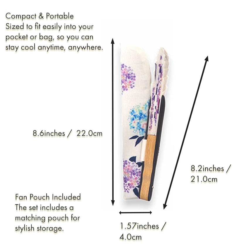 Folding Hand Fan for Lady's ,Surface Cotton, Bamboo Frame, White (off-white with gradations of wisteria purple, violet, and pink hydrangeas)
