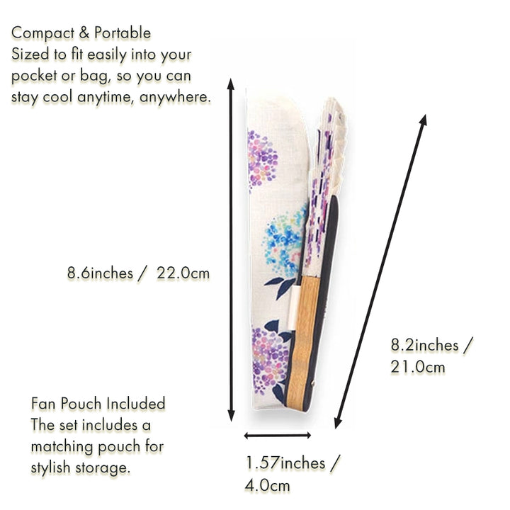 Folding Hand Fan for Lady's ,Surface Cotton, Bamboo Frame, White (off-white with gradations of wisteria purple, violet, and pink hydrangeas)