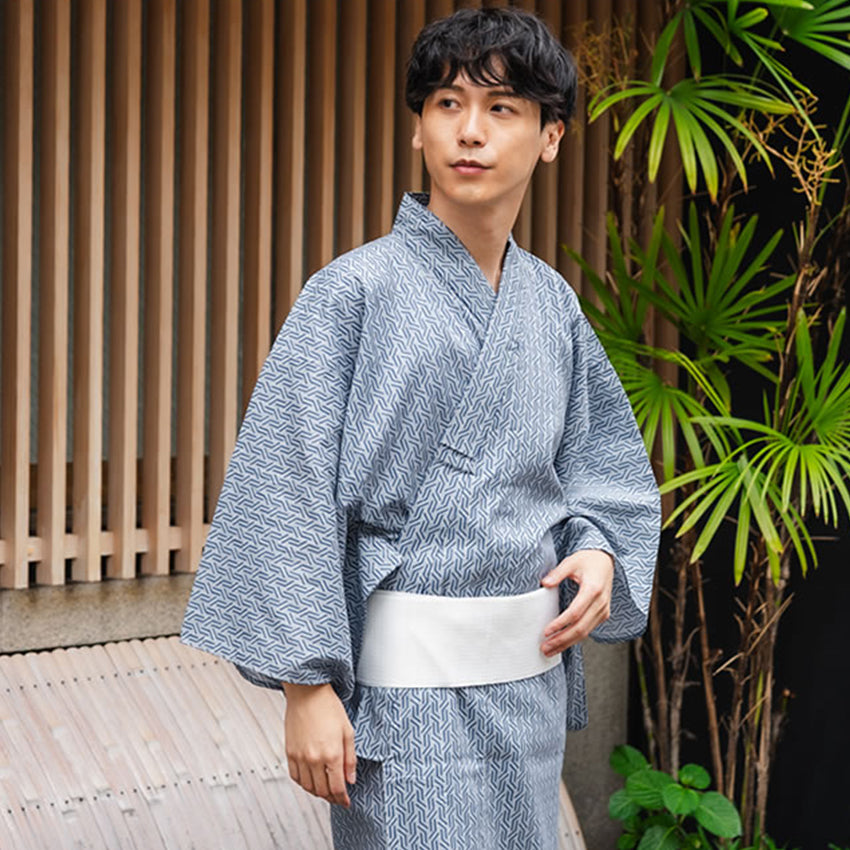 Men's Yukata Cotton Coordinate Set For Beginners : Blue-Gray with Geometric Design Yukata