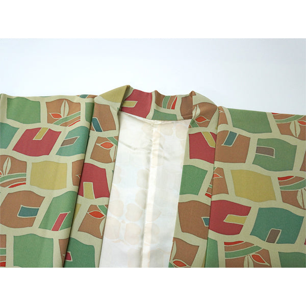 Vintage Haori Kimono Jacket Silk, Green base, Colorful Geometric Pattern
