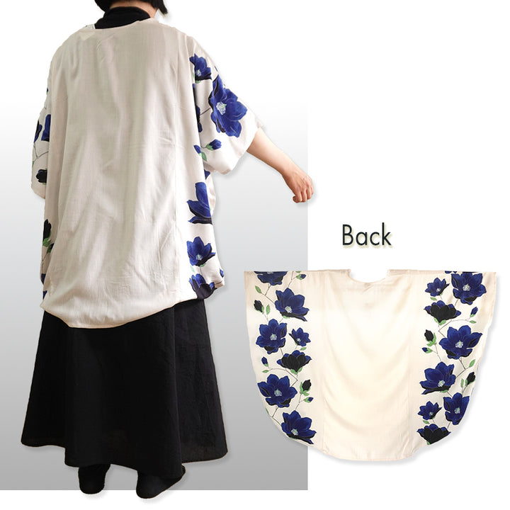 Lady's Haori , Kimono Cardigan -Black , White base – Magnolia pattern