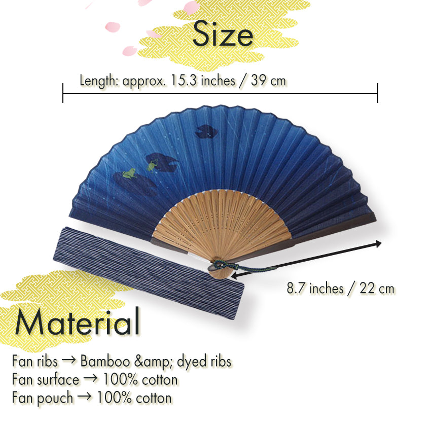 Folding Hand Fan for Men ,Surface Cotton, Bamboo Frame,  Navy base,  frogs playing with raindrops on lotus