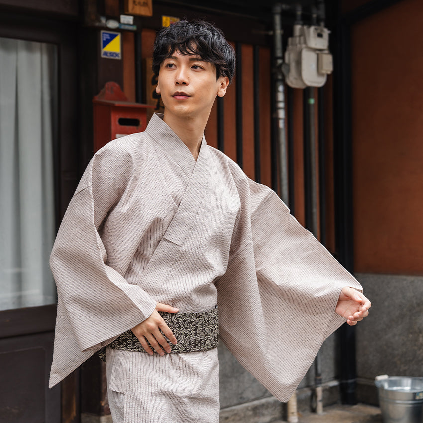Men's Yukata Cotton & Linen Coordinate Set For Beginners : Beige with Broken Stripe Pattern Yukata