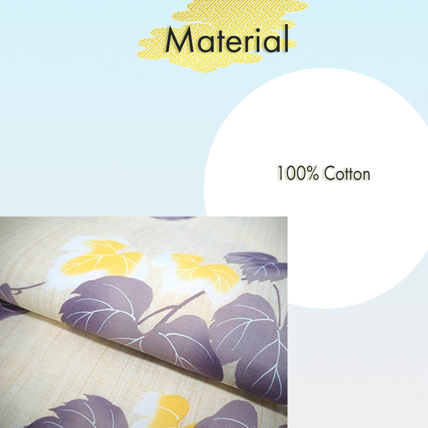 Women's Cotton Yukata, Casual Summer Kimono -Beige Base with Blown and yellow Grapes and Vines