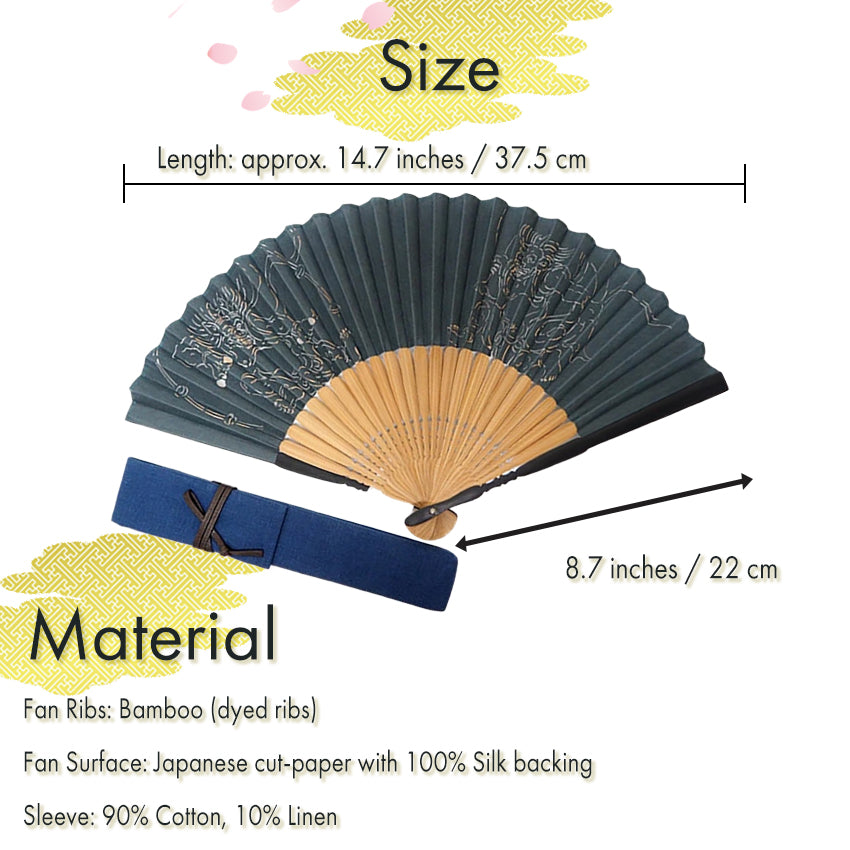 Folding Hand Fan for Men ,Surface Silk, Bamboo Frame,  moss green base, Wind God & Thunder God Design