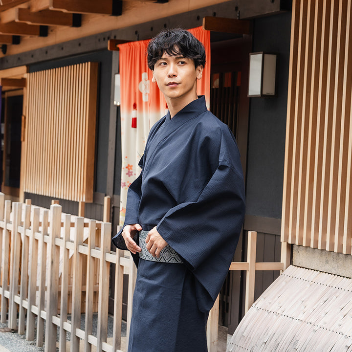 Men's Yukata Cotton & Linen Coordinate Set For Beginners : Solid Navy Yukata
