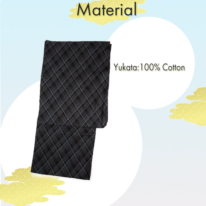 Men's Yukata Cotton : Black with Checkered Pattern Yukata