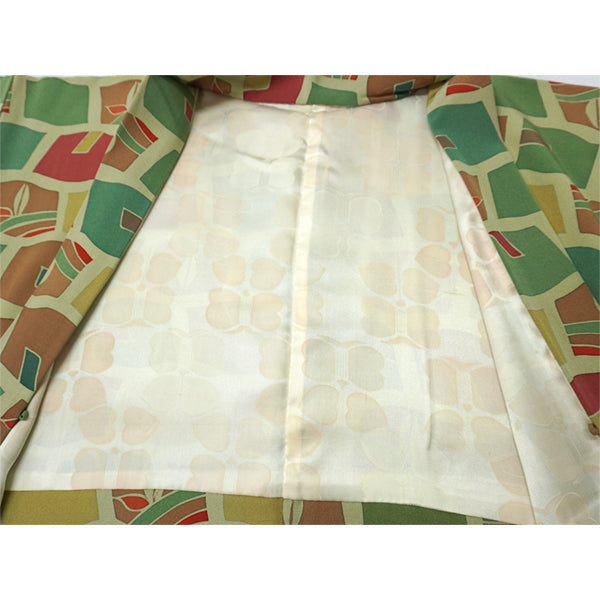 Vintage Haori Kimono Jacket Silk, Green base, Colorful Geometric Pattern