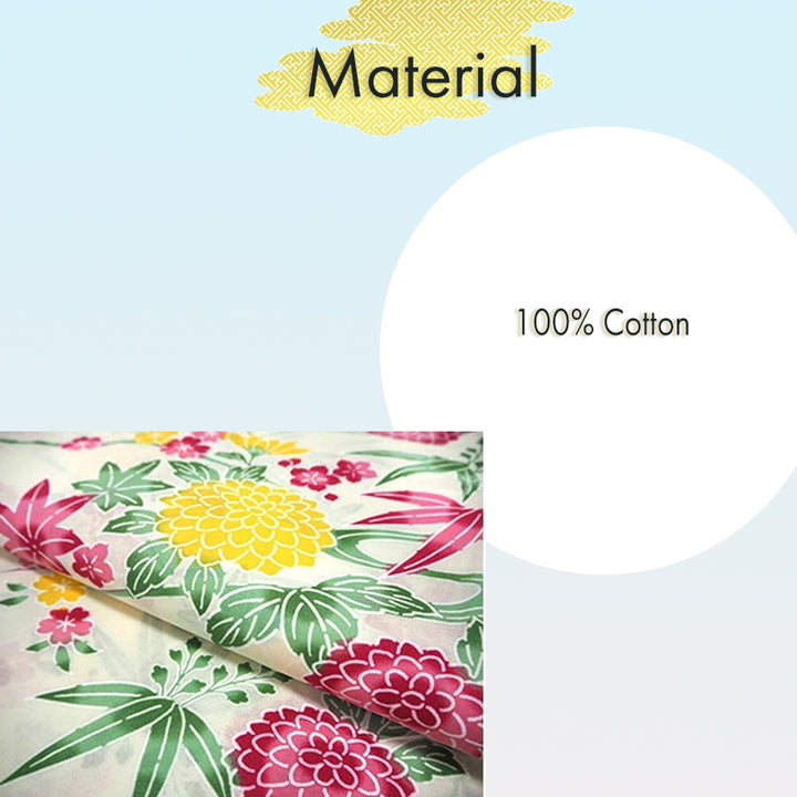 Women's Cotton Yukata, Casual Summer Kimono -Light Beige Base with Pink and yellow Autumn leaves and chrysanthemums