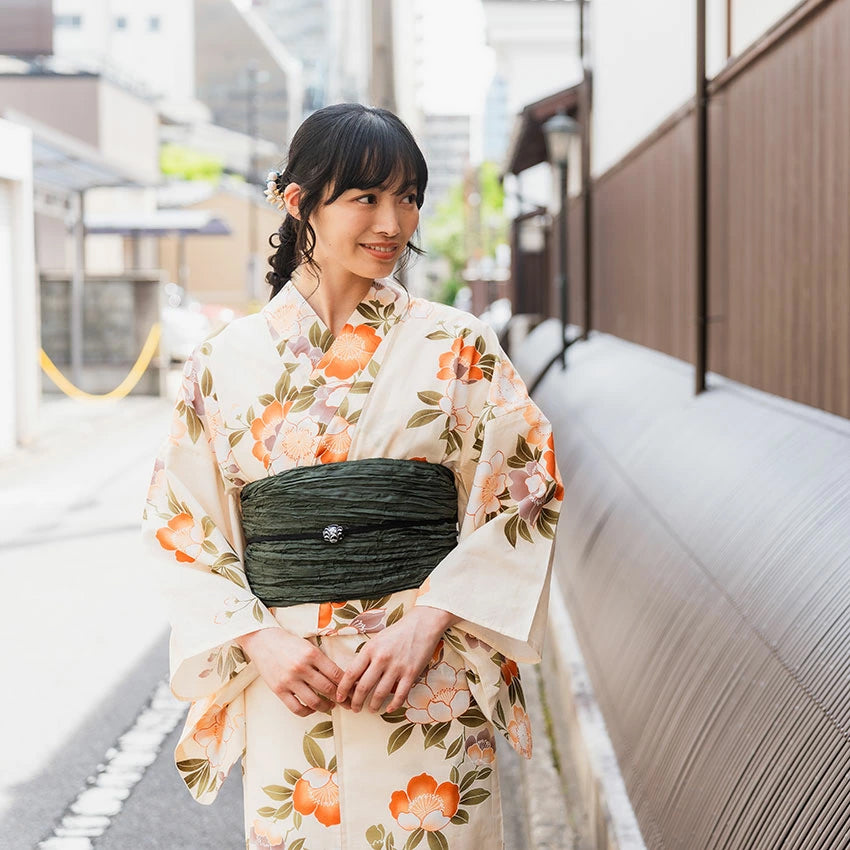 Women's Cotton Yukata, Casual Summer Kimono -Beige Base with Camellia Design