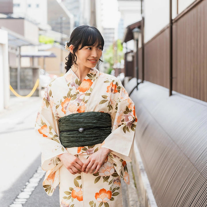 Women's Cotton Yukata, Casual Summer Kimono -Beige Base with Camellia Design