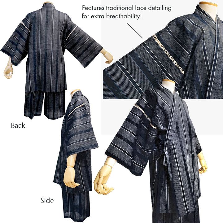 Men’s Cool & Comfortable Jinbei, Black Base with Subtle White & Blue Stripes – Lightweight Cotton ＆Linen Summer Loungewear, Sleepwear