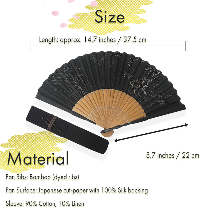 Folding Hand Fan for Men ,Surface Silk, Bamboo Frame,  Black base, Waves & Dragon Design