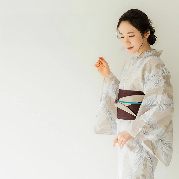Women's Cotton Yukata, Casual Summer Kimono -Beige Base with large banana leaves (bashō) for a bold and tropical-inspired look.
