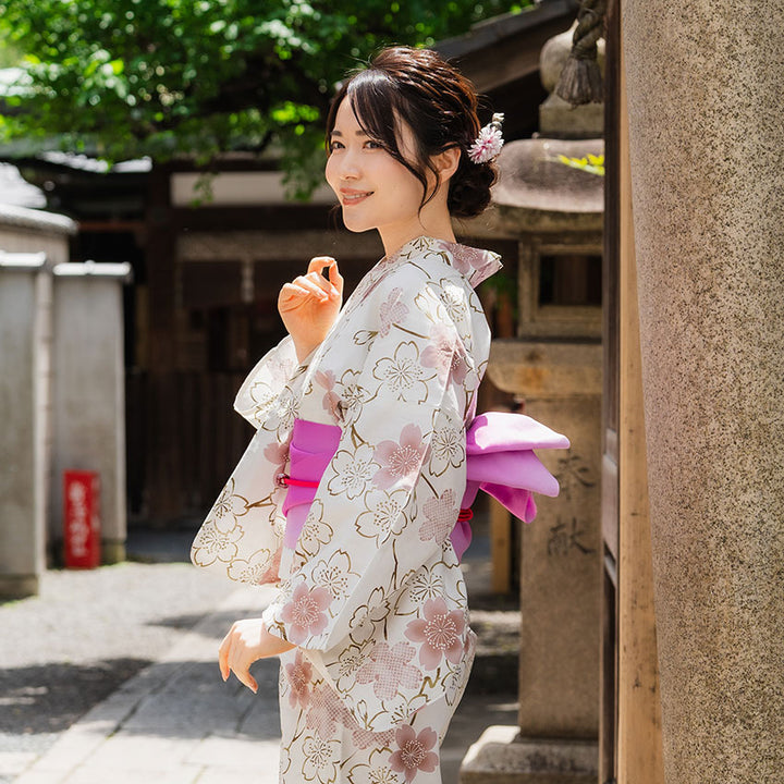Women's Cotton Yukata, Casual Summer Kimono -Grayish white base with A graceful sakura (cherry blossom) motif featuring soft pink blooms