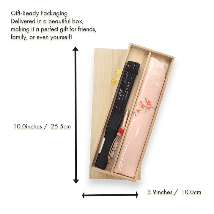 Folding Hand Fan for Lady's ,Surface Cotton, Bamboo Frame, Black (black background with pink-blushed cherry blossoms, slightly sheer)