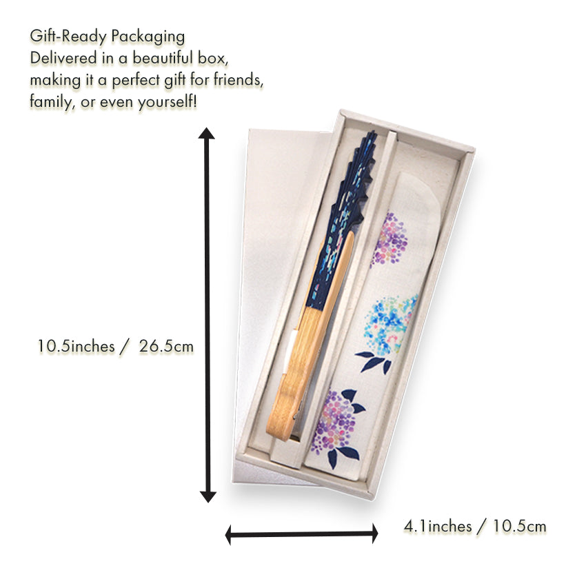 Folding Hand Fan for Lady's ,Surface Cotton, Bamboo Frame, Navy (navy background with gradations of blue, light blue, pink, and white hydrangeas)